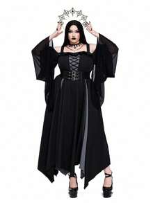 Whyspr Plus Size Women's Gothic Style Color Block Cinched Waist Long Dress - Grey - View 7
