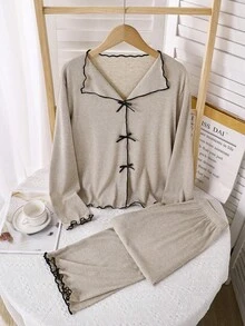 Beige,Summer,Cute,Family Matching,Graduation Teen Girls' Contrast Trim Pajama Set,3D Bow Collar Ribbed Texture Outfit,Comfortable Fall&Winter Gift - Apricot - View 3