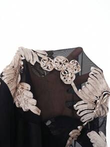 Elenzga 大码女式 V 领修身长袖网眼刺绣花卉上衣和纯色阔腿裤 2 件套 - 彩色 - 查看 6