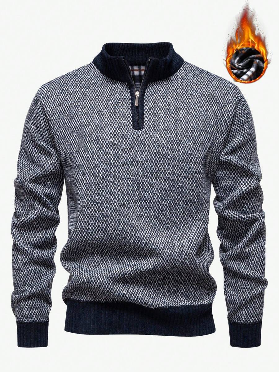 Manfinity Mode 男士保暖内衬撞色滚边半拉链套头毛衣，长袖针织衫，适合秋冬季穿着，藏蓝色，四分之一拉链毛衣 - 灰色 - 查看 1