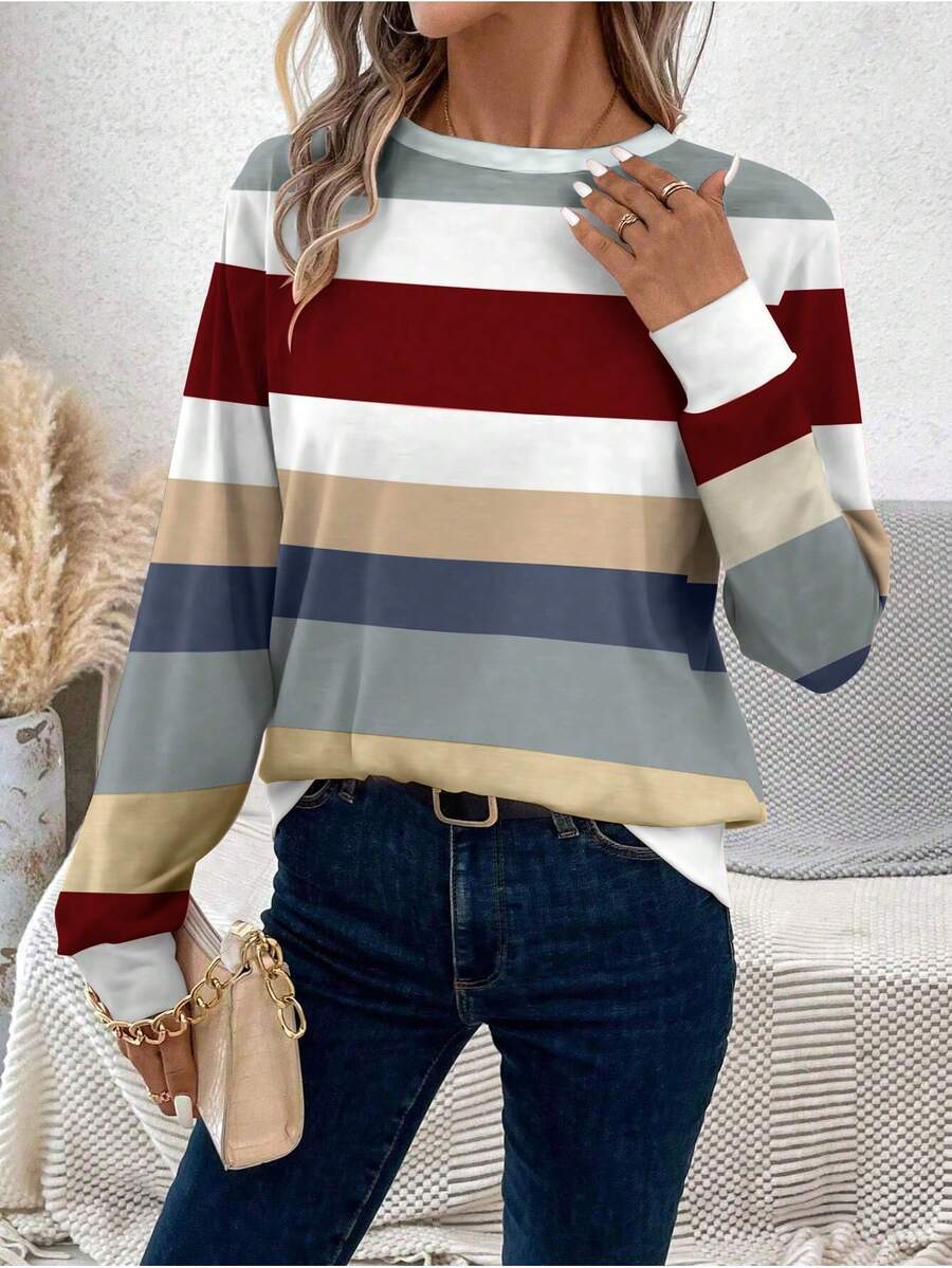 SHEIN LUNE Women's Contrast Color Casual Round Neck Long Sleeve T-Shirt - Multicolor - View 1