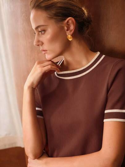 MOTF PREMIUM FASHIONABLE VERSATILE CONTRAST TRIM SHORT SLEEVE KNIT TOP