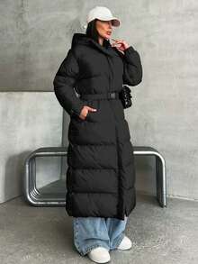 EURMUSE Belt DETAILED FUR ADDED LONG WINTERCOAT - Black - View 5