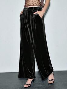Lumivelle Elegant Casual Velvet Pants For Autumn Velvet Pants Women Christmas Pajamas Family Wide Leg Pant - Black - View 3
