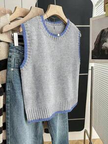 Franclia 女式休闲宽松圆领无袖针织撞色饰边卡其色毛衣上衣，春秋季 - 彩色 - 查看 5