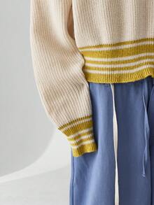 ESTAVOR Áo len cổ đứng khóa kéo nửa màu đơn giản cho nam, mùa đông - Màu be - Xem 6