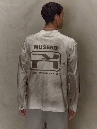 Musero Men Long Sleeve Washed Style Crewneck Graphic T-Shirt Autumn Winter Streetwear