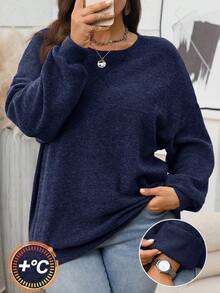 EMERY ROSE 大码女式纯色圆领落肩长袖休闲抓绒卫衣，秋冬新年圣诞派对保暖舒适，适合大码女式冬季穿着，新年外出，2025新款，简约时尚，日常穿着，大码冬季，圣诞节，新年，约会之夜