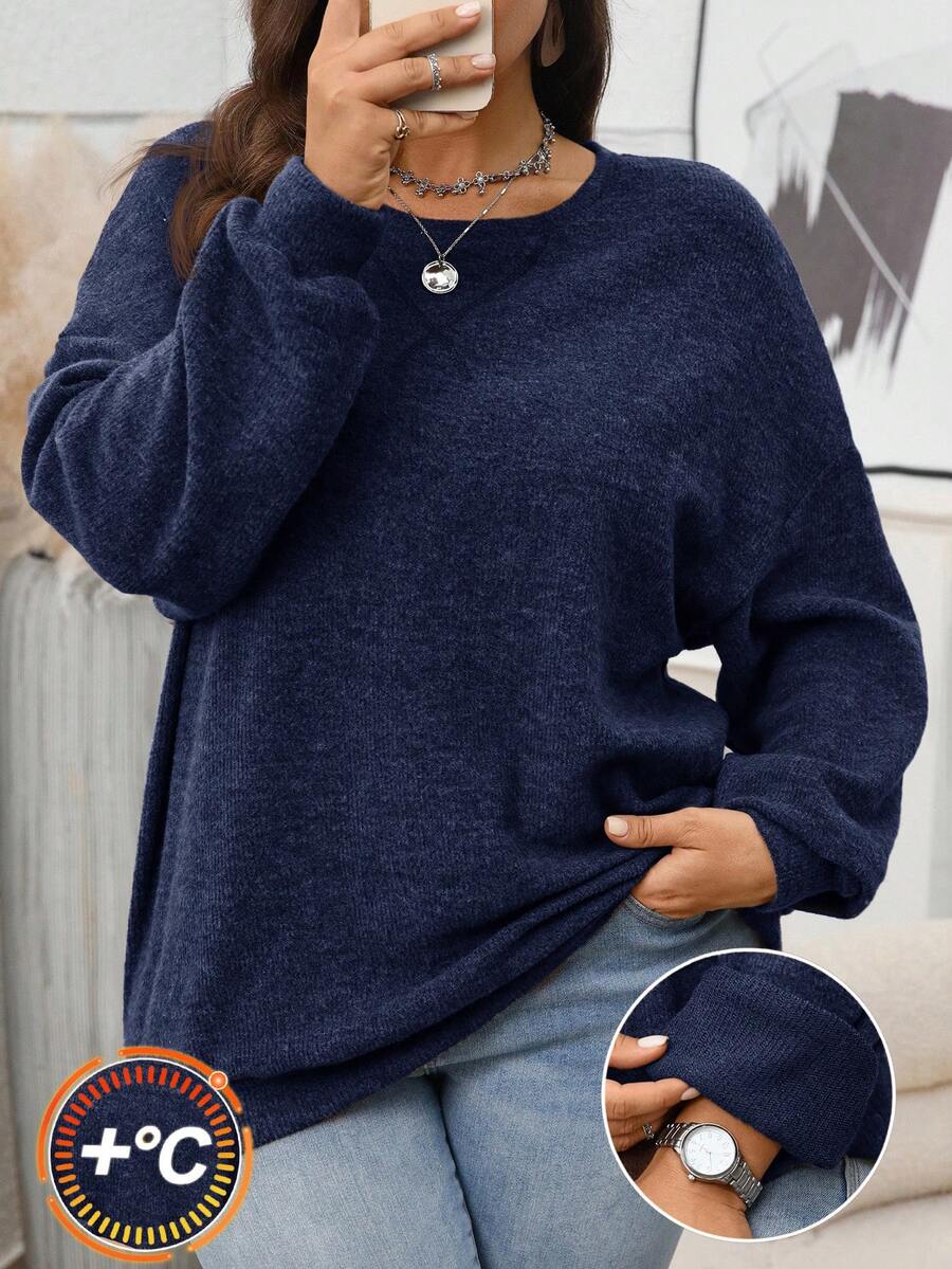 EMERY ROSE 大码女式纯色圆领落肩长袖休闲抓绒卫衣，秋冬新年圣诞派对保暖舒适，适合大码女式冬季穿着，新年外出，2025新款，简约时尚，日常穿着，大码冬季，圣诞节，新年，约会之夜