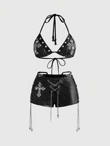 ROMWE Avant Soutien-gorge de motard rétro Gyaru pour femmes avec décoration  et PU, short skinny mini ultra taille basse avec ornements croisés - Noir - Voir 1