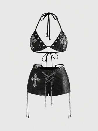 ROMWE Avant Soutien-gorge de motard rétro Gyaru pour femmes avec décoration  et PU, short skinny mini ultra taille basse avec ornements croisés