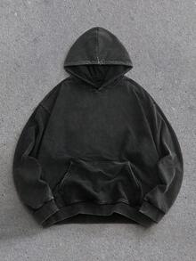 EASEVO Plus Size Men's Casual Black Hoodie Sweatshirt, Vintage Plain Fleece, Long Sleeve Top - Black - View 1