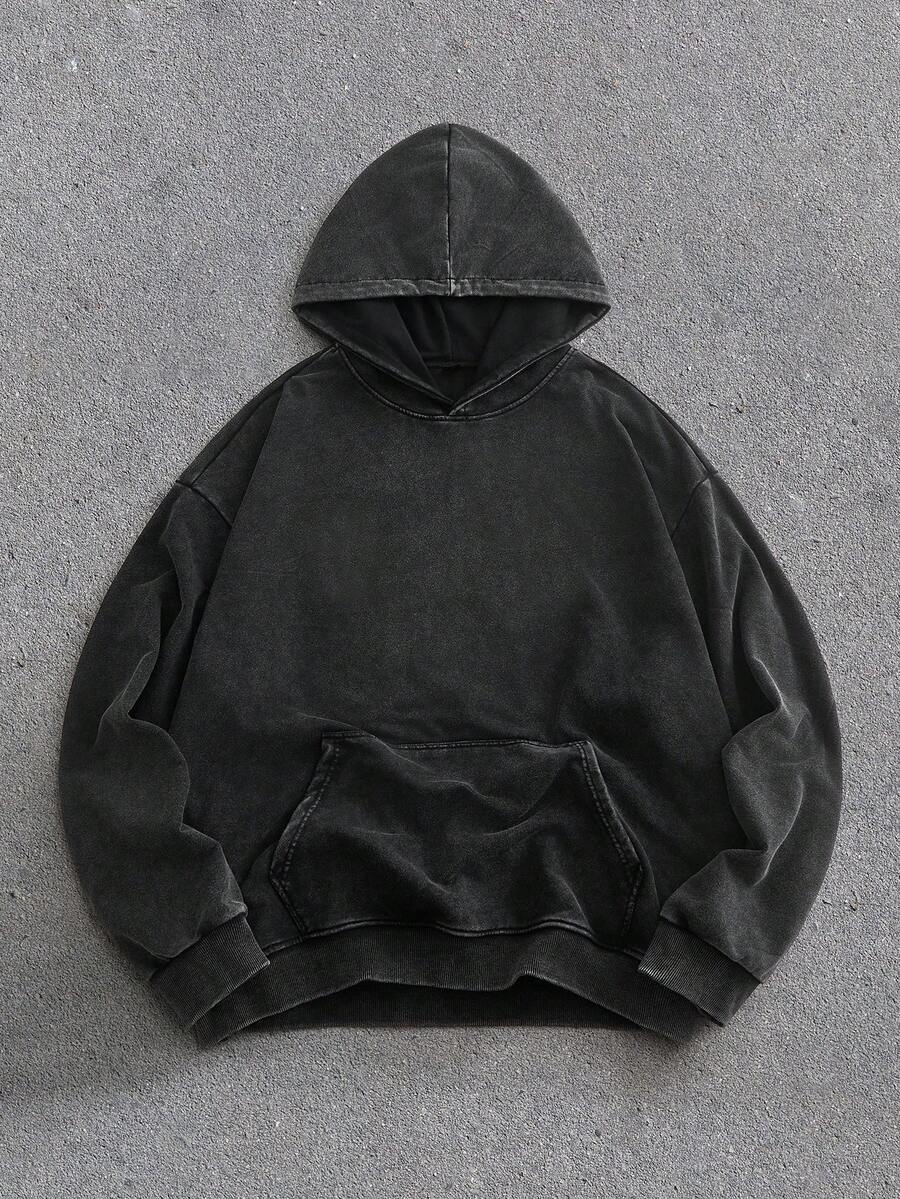 EASEVO Plus Size Men's Casual Black Hoodie Sweatshirt, Vintage Plain Fleece, Long Sleeve Top - Black - View 1