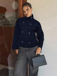 Siren Gaze Áo khoác len hai hàng khuy trơn màu thời trang dành cho nữ, màu xanh navy - Màu xanh hải quân - Xem 6
