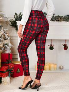 SHEIN Clasi 新款女士秋冬格子修身裤，经典红色格子图案，百搭圣诞红裤，适合秋季、冬季、圣诞节和新年等各种场合，是女士假日百搭派对的理想之选。秋冬女士红色裤子，适合派对、新年、圣诞节等各种场合。秋冬女士圣诞红色格子弹力打底裤，适合圣诞节等各种场合。新款女士秋冬新年圣诞节 - 彩色 - 查看 2