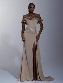 Elitara 优雅杏色简约亮面缎面 3D 花卉露肩美人鱼下摆侧垂高开衩礼服，适合所有正式场合、毕业典礼、婚礼、晚会 - 香檳色 - 查看 7