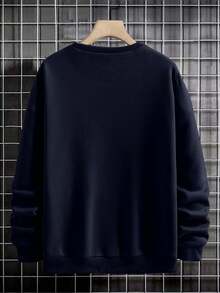 EURMUSE 100%Cotton Men Letter Patched Drop Shoulder Sweatshirt - Navy Blue - View 2