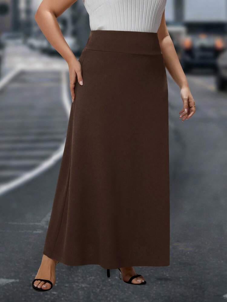 SHEIN Clasi Plusstorlek Dam Enfärgad Hög Midja Elegant Kontorkjol, Höst - Kaffebrun - Visa 3