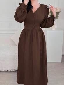 Feyla Women's Solid Color V-Neck Button Design Puff Sleeve Elegant Dress - Coffee Brown - View 5