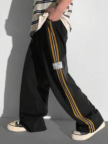SHEIN Tween Boys' Casual Versatile Comfortable Colorful Ribbon Letter Woven Label Straight Loose Solid Color Pants, Suitable For Commuting, School, Daily Casual, Travel, Sports, Spring/Summer/Fall/Winter,Thanksgiving,Christmas,Winter,Winter Clothes,Cozy Fall & Winter Styles, - Black - View 3