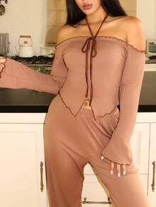 Lowkey Lull 女士长袖系带露背吊带上衣和裤子睡衣套装，冬季服装 - 棕色 - 查看 5