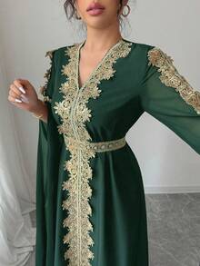 Rafferiza Áo choàng Abaya chắp vá tay dài cho nữ, váy Kaftan viền ren màu trơn - màu xanh lá - Xem 5