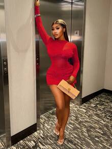 SHEIN BamGlam 女式时尚性感纯色透明毛绒拼接连衣裙 - 紅色 - 查看 3