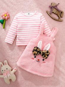 SHEIN Baby Girl Cute Pink Striped Plush Sleeveless Dress Outfit,Winter Long Sleeve T-Shirt Rabbit Embroidery Set,Back To School Matching Family Outfit - Pink - View 2