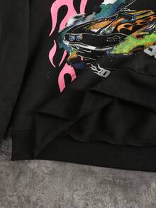 ROMWE MEN Street Life Conjunto de sudadera con capucha y pantalones deportivos holgados con estampado de eslogan y coche de carreras para hombre, ropa urbana - Negro - Ver 5
