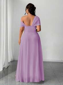 SHEIN PETITE CURVE 大码女式优雅浪漫婚礼宾客礼服，轻盈正式礼服，雪纺单肩开衩连衣裙 - 淡紫色 - 查看 2