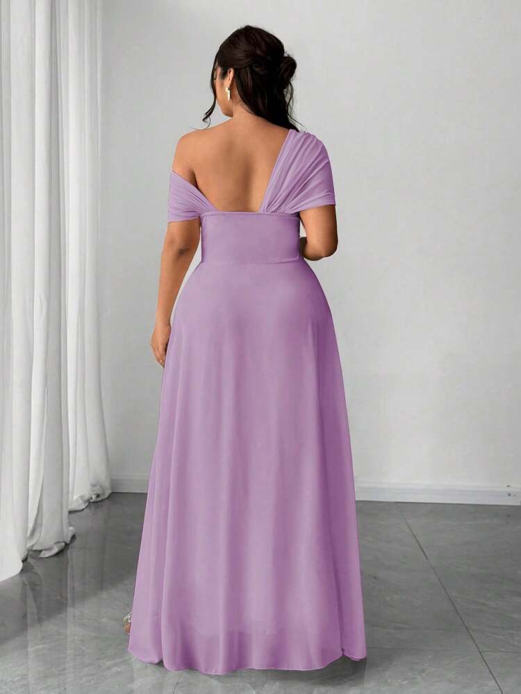 SHEIN PETITE CURVE 大码女式优雅浪漫婚礼宾客礼服，轻盈正式礼服，雪纺单肩开衩连衣裙 - 淡紫色 - 查看 2