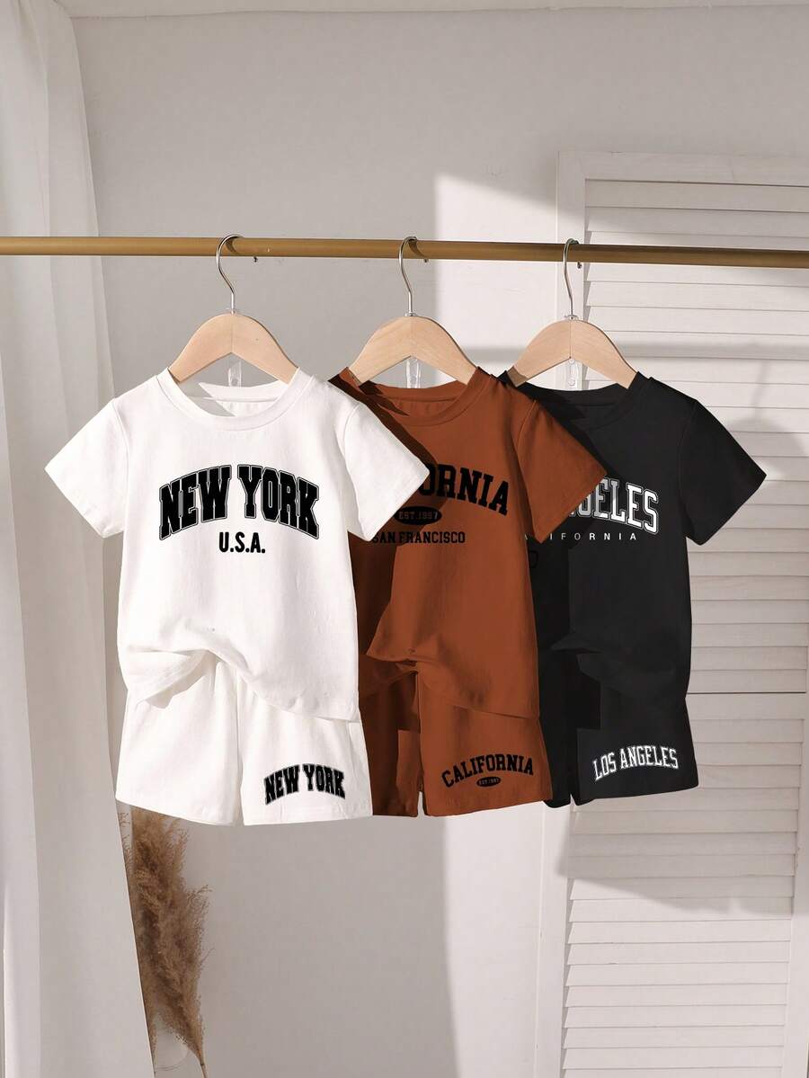 SHEIN Mirajuku 6 件套幼儿男童字母印花圆领短袖 T 恤和短裤休闲装,白色*1、棕色*1、黑色*1 - 彩色 - 查看 1