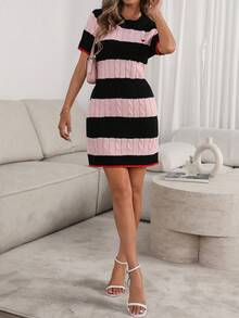 Elenzga Women's Colorblock Striped Short Sleeve Knit Dress - Pink - View 5