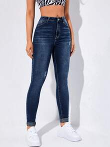 Flexra High-Waisted Button-Embellished Skinny Stretch Distressed Y2K Jeans - Dusty Blue - View 4