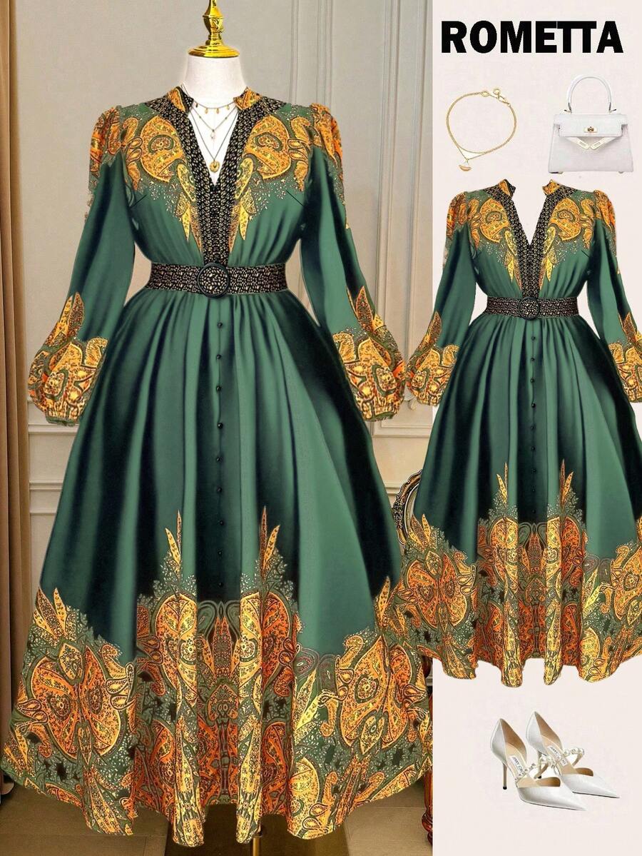Rometta Không bao giờ lỗi mốt: Phong cách Gothic với chút biến tấu Thứ Tư. Tôn lên vẻ nữ tính, mạnh mẽ. Đầm Maxi tay dài dáng xòe bo eo, cổ tròn, họa tiết Bohemian, thích hợp cho mùa xuân, thu, đông. - Nhiều màu - Xem 1