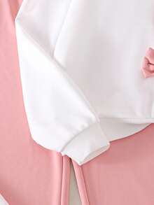 SHEIN Girls Autumn/Winter Casual White Long Sleeve Sweatshirt With Pink 3D Bow + Pink & White Contrast Color Pants Set, Sweet & Cute, Comfortable - Multicolor - View 3