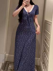 DAZY Floral Contrast Lace Trim Waist Maxi Nightgown For Women - Navy Blue - View 6