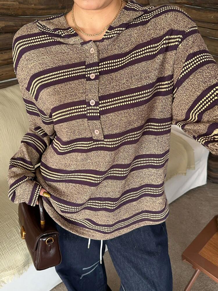 Dazy Plus Contrast Color Block Striped Loose Polo Collar Long Sleeve Casual Plus Size Women T-Shirt