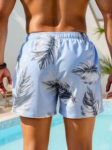 Zalmeno 男士夏季树叶印花抽绳腰沙滩短裤 - 淺藍色 - 查看 2