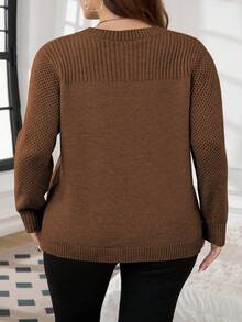 SHEIN CURVE+ 大码女式优雅休闲毛衣上衣 - 巧克力棕 - 查看 2