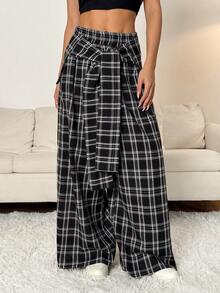 SHEIN PETITE Fall Clothes For Women Going Out Streetwear Plaid Woven Tie-Waist Wide Leg Loose Casual Pants Plaid Pants Checkered Pants - Multicolor - View 10