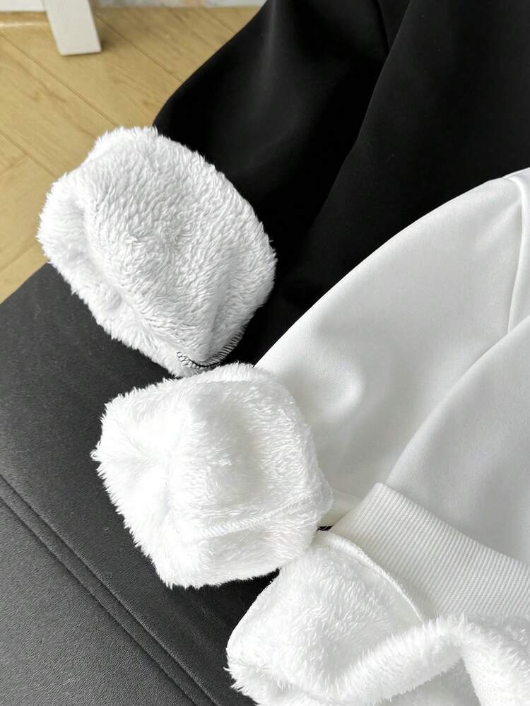 SHEIN Tween 女童宽松休闲简约舒适圆领套头衫，多件装 - 黑與白 - 查看 4