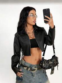 SHEIN PETITE Jaqueta Curta Preto Com Zíper, Estilo Casual De Rua Para Mulheres, Outono/Inverno, 1 Peça