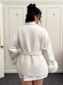CovetEZ Plus Size Women's Autumn/Winter Shawl Neck Belted Fuzzy Cuff Overcoat - Beige - View 2