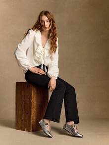 Rosivie 女士新款黑色圆头平底鞋，弹力皮革时尚芭蕾平底鞋，舒适防滑外底，适合户外、日常通勤、春夏季 - 銀色 - 查看 2