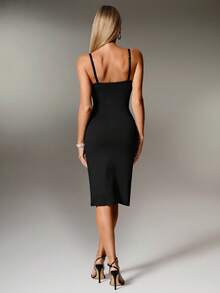 Nuvra 女式无袖低胸双层收腹塑身吊带裙，带衬里，收腰提臀，中长款塑身裙 - 黑色 - 查看 2