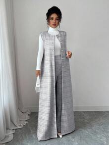 Elenzga 2 件女士优雅通勤套装，针织长款开衫外套和直筒裤，珍珠金属纽扣装饰，适合聚会、约会、通勤和日常穿着 - 黑與白 - 查看 4