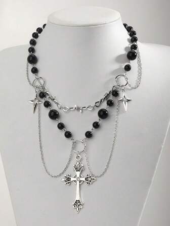 Goth 1 pièce Collier pendentif croix décoré de strass et de faux perles en alliage de zinc glamour pour femmes, pour la décoration quotidienne