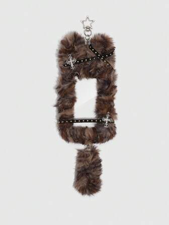 Kawaii 1 Stück süßer Leoparden-Muster Plüsch Katzen Schlüsselanhänger, Punk Nieten Dekor Kartenhalter, Y2K Idol 3-Zoll Karten Dekoration Taschenanhänger