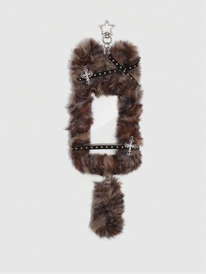 Kawaii 1 Stück süßer Leoparden-Muster Plüsch Katzen Schlüsselanhänger, Punk Nieten Dekor Kartenhalter, Y2K Idol 3-Zoll Karten Dekoration Taschenanhänger